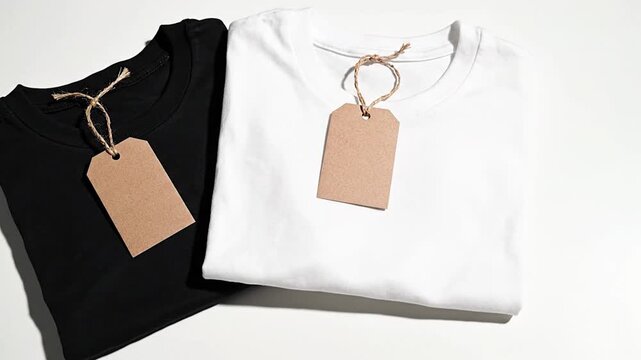Two folded t shirts with brown tags on white background