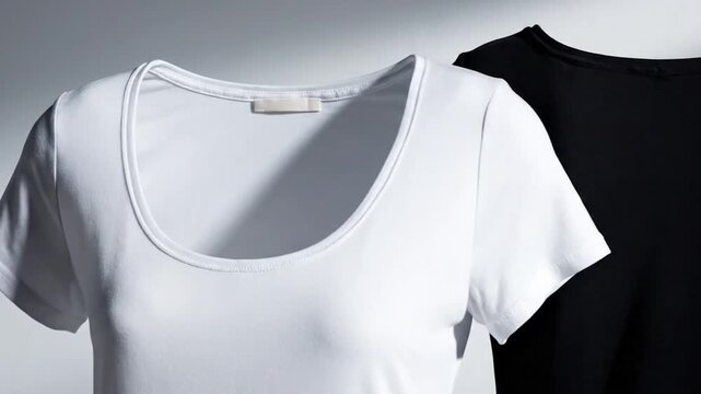 Two short sleeve t shirts one black and one white on gray background