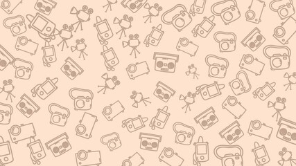 Camera and microphone animation doodles ideal for podcast or vlog graphics on a soft peach backdrop. Perfect for creatives or communications.