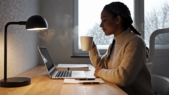 Cozy Winter Workspace - Woman Working from Home with Coffee.