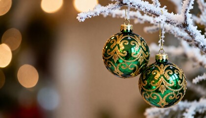 Elegant green and gold Christmas ornaments hanging on a snowy branch