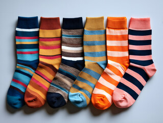 Colorful Cotton Socks Flat Lay Top View: Striped and Polka Dot Ankle Socks on Clean Background for E-commerce, Fashion Lifestyle.
