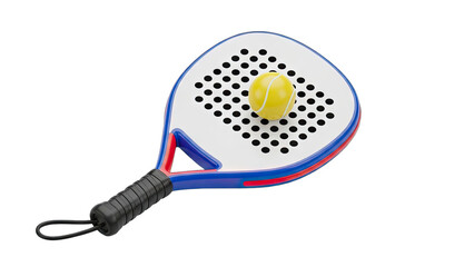 White Padel Racket With Blue And Red Trim And Yellow Ball Isolated On Black Background Studio Shot High Detail Sports Equipment Professional Sport Gear