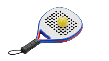 White Padel Racket With Blue And Red Trim And Yellow Ball Isolated On Black Background Studio Shot High Detail Sports Equipment Professional Sport Gear