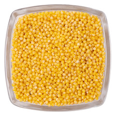 Isolated square-shaped glass container with millet on a white background