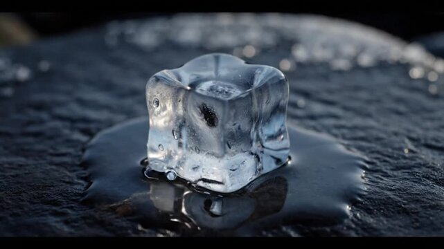 Slow Motion Ice Cube Melting on Wet Dark Surface Under Natural Light