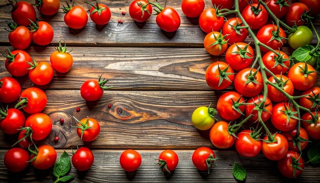 Fresh tomatoes on rustic wood with vine cluster and scattered arrangement, vibrant and natural. - Powered by Adobe