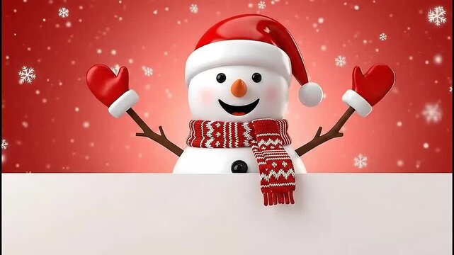 Cute 3D snowman with red hat and scarf peeking over a large blank white board on red background.