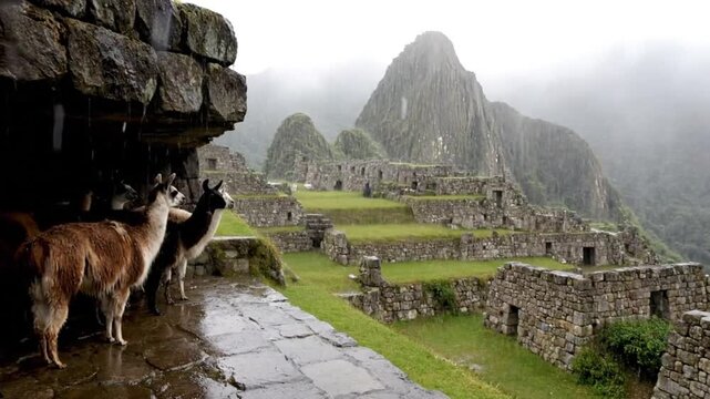 Llamas Exploring the Mystical Ancient Incan City Machu Picchu Under Rainy Weather