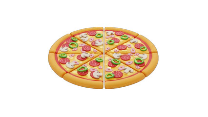 Whole Pepperoni Mushroom and Jalapeno Pizza Cut into Eight Slices With a Transparent Background
