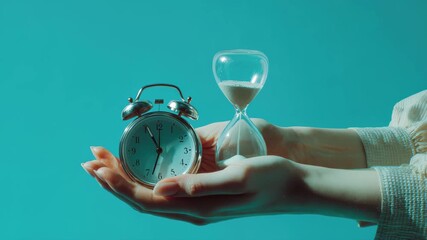 Hands Holding an Hourglass and an Alarm Clock Against a Teal Background time sand - Powered by Adobe