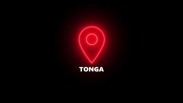 Red Neon Location Pin Icon With Tonga Text On Black Background map marker navigation