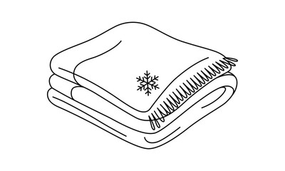 Simple line art icon of three neatly folded cozy winter blankets or warm throws with a snowflake symbol © StockVerse