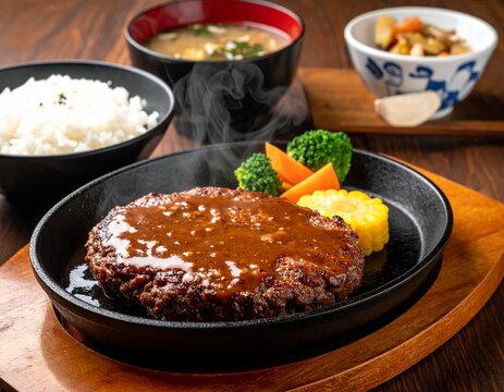 ・熱々鉄板ハンバーグ定食（架空）
・Japanese Sizzling Hamburger Steak Set Meal on Hot Iron Plate (Fictional)