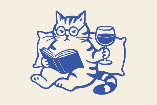 Cat reading book with wine glass doodle vector illustration