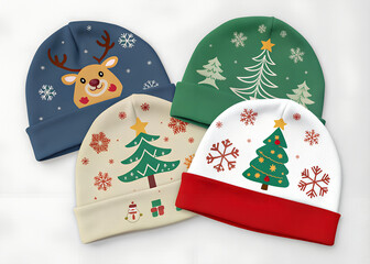 Collection of Festive Christmas Santa Hats with Tree Appliques and Snowflake Decorations