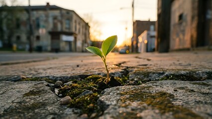 Young Green Plant Growing Through Cracked Pavement.