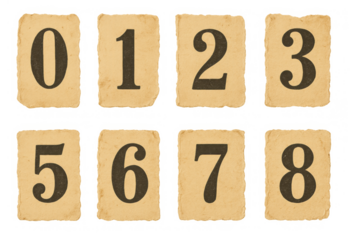 Vintage numbers 0 through 8 presented on aged individual paper cards, featuring an old, retro typography style with torn edges