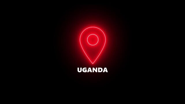 Red Neon Location Pin Icon with Uganda Text on Black Background map marker navigation