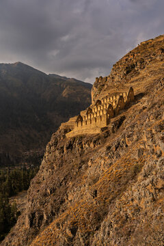 Pinkuylluna Inca Storehouses on Steep Cliffside above Ollantaytambo Peru