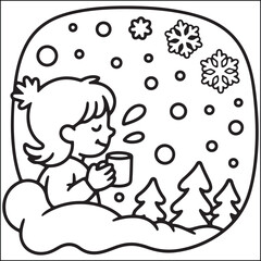 Bold and Easy cozy Girl christmas black and white coloring pages for adults