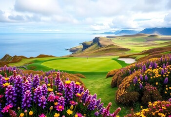 Spectacular Scottish golf hole, spring gorse bloom, ocean backdrop, Inverness Highlands,  tee box,  spring
