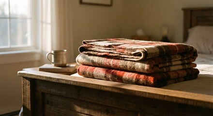 Stacked Plaid Blankets on Wooden Headboard