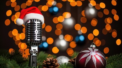 Vintage microphone with santa hat surrounded by christmas ornaments and bokeh lights