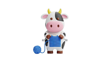 Whimsical 3D Cartoon Cow Wearing a Blue Scarf and Knitting a Blue Sweater with a Ball of Blue Yarn on a Transparent Background