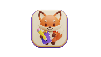 Whimsical 3D Cartoon Orange Fox Character Holding a Yellow Pencil and Purple Notebook with a Red Bow Tie in a Cream Square Frame with a Transparent Background