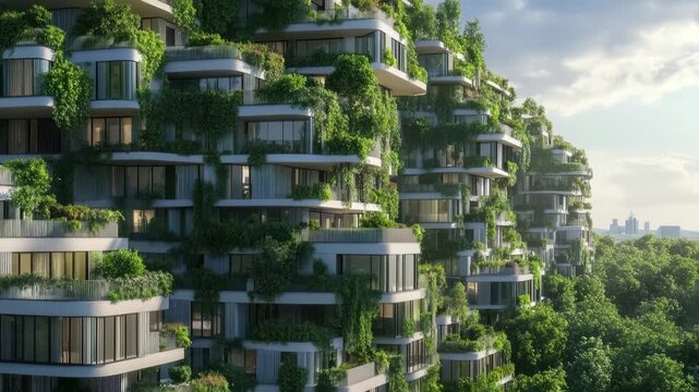 Urban Oasis: Lush vertical architecture harmonizes with nature, forming a sustainable urban landscape with cascading greenery. A testament to innovative design, creating a symbiotic relationship