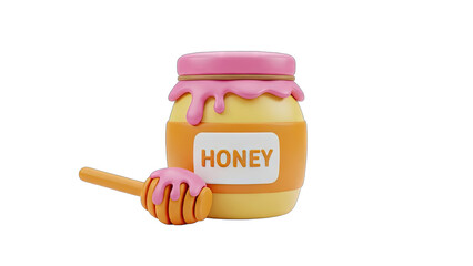 Whimsical 3D Render of a Honey Jar with a Wooden Dipper Dripping Sweet Golden Honey with Pink Icing Accents on a Transparent Background