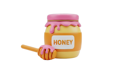 Whimsical 3D Render of a Honey Jar with a Wooden Dipper Dripping Sweet Golden Honey with Pink Icing Accents on a Transparent Background