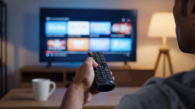 Man uses remote control to browse streaming service on smart TV. Man holds TV remote and navigates through streaming platform. Viewer selects content from streaming app on television screen at home in