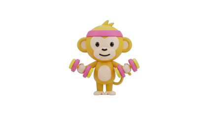 Whimsical Cartoon Monkey Character with Yellow Fur Pink Headband Holding Dumbbells for Fitness and Exercise on Transparent Background