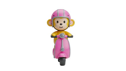 Whimsical Cartoon Monkey Character in Pink Helmet Rides Pink Scooter Across Transparent Background Fun Playful Transportation Theme