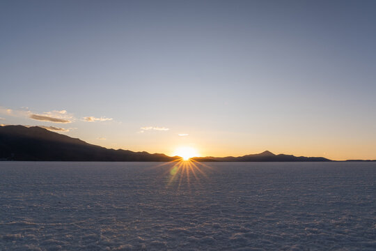 Sunset Landscape over White Salt Flat Salar de Uyuni Bolivia