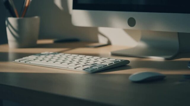 Close-up of a computer keyboard and mouse on a desk with a monitor and cup of pens in a dimly lit room with warm tones.