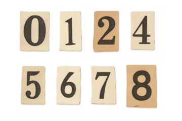 Cut out numbers from old paper, featuring a distressed texture and dark characters on a transparent background for creative design