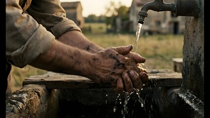 Hands Washing with Water Outdoors in Rural Setting.
