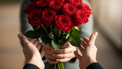 A bouquet of red roses is being presented to outstretched receiving hands