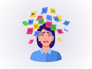 Overwhelmed Woman Stressed by Too Many Sticky Notes Tasks