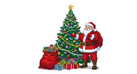 Santa Claus standing with Christmas tree gifts celebration