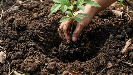 Hands Planting Seedling in Fertile Soil for Gardening.