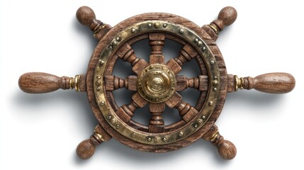 Obraz premium Antique wooden ship's wheel, top view
