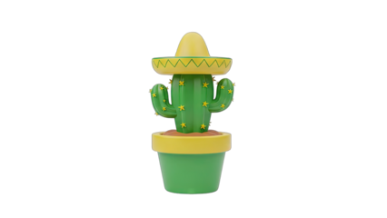 Whimsical Green Cactus Character in Festive Yellow Sombrero and Potted Plant