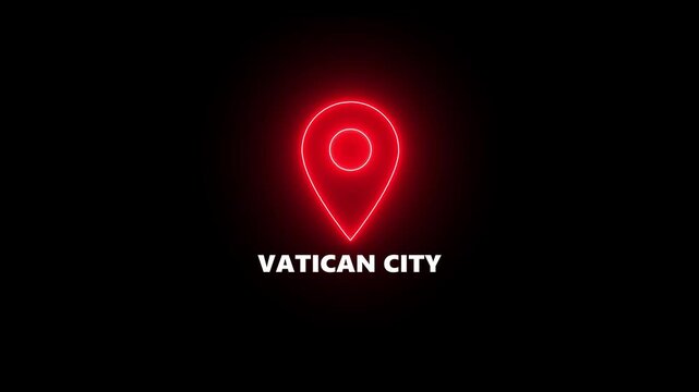 Red neon location pin icon with text VATICANCITY on black background vatican city marker