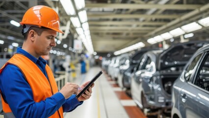 Male automotive factory worker in orange hard hat and vest using a digital tablet