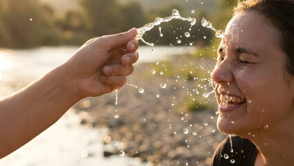 Joyful Woman Enjoying Water Splash Outdoors.