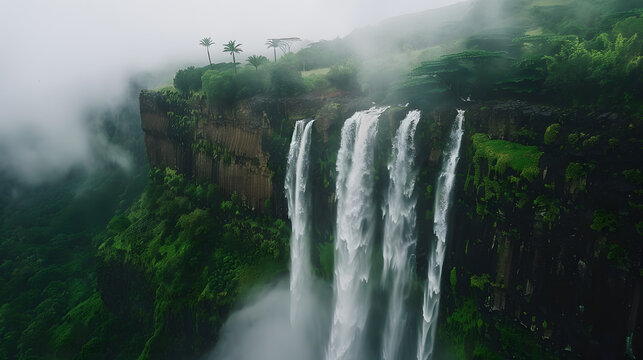 aerial view of huge waterfall dramatic cliffs - Powered by Adobe